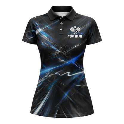 Personalized Pickleball Polo Shirt Blue Lightning Abstract Design Custom Name Athletic Performance Shirt