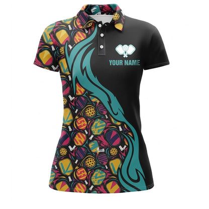 Custom Name Women's Pickleball Polo Shirt, Personalized Team Name Short Sleeve Button-Up Jersey, Colorful Paddle Pattern Athletic Tee