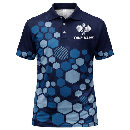 Custom Pickleball Polo Shirt Blue Hexagon Personalized Name Performance Pickleball Shirt Men Women