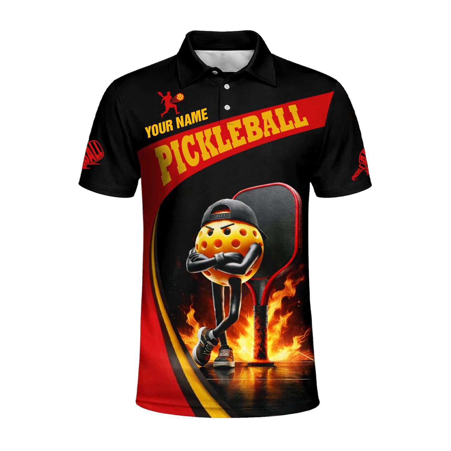 Custom Pickleball Polo Shirt Funny Fire Ball Player Graphic Personalized Name Performance Shirt