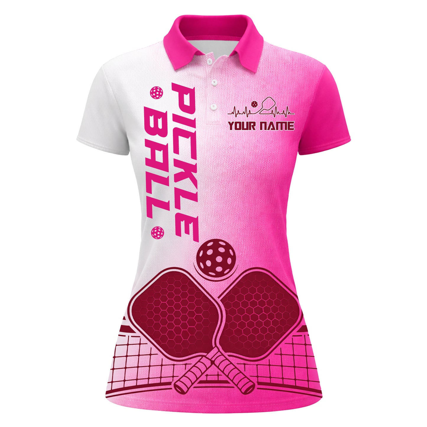 Women's Custom Name Pickleball Polo Shirt Pink Heartbeat
