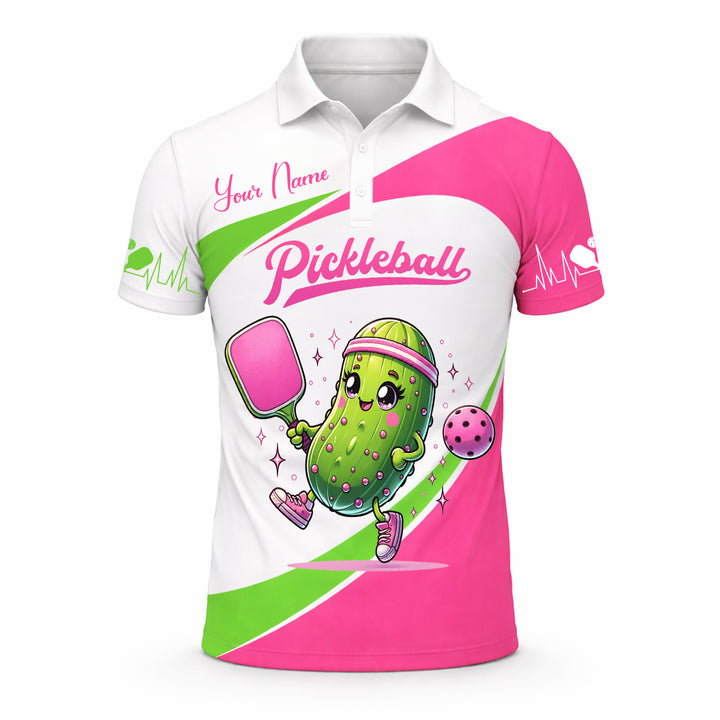 Women Pickleball Polo Shirt Custom Name Cute Pickle Graphic Sport Shirt Breathable Mesh Top