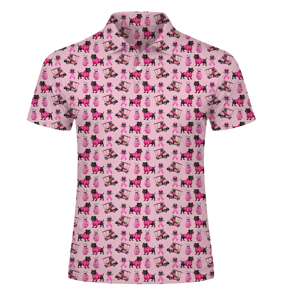 Pink Golf Polo Shirt with Dog Print – Breast Cancer Awareness Ribbon All Over Print Polo