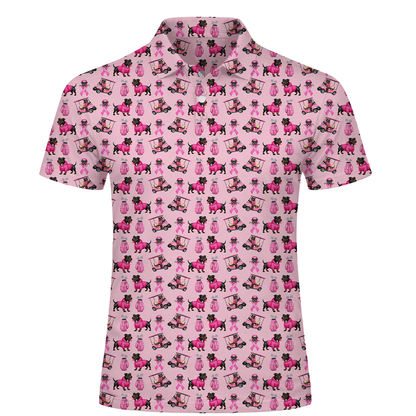 Pink Golf Polo Shirt with Dog Print – Breast Cancer Awareness Ribbon All Over Print Polo