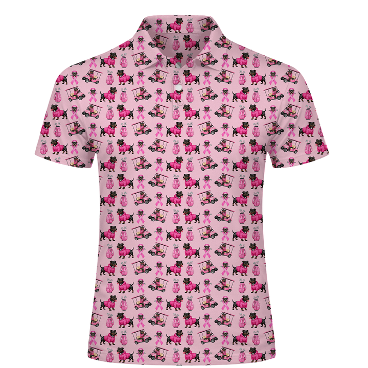 Pink Golf Polo Shirt with Dog Print – Breast Cancer Awareness Ribbon All Over Print Polo