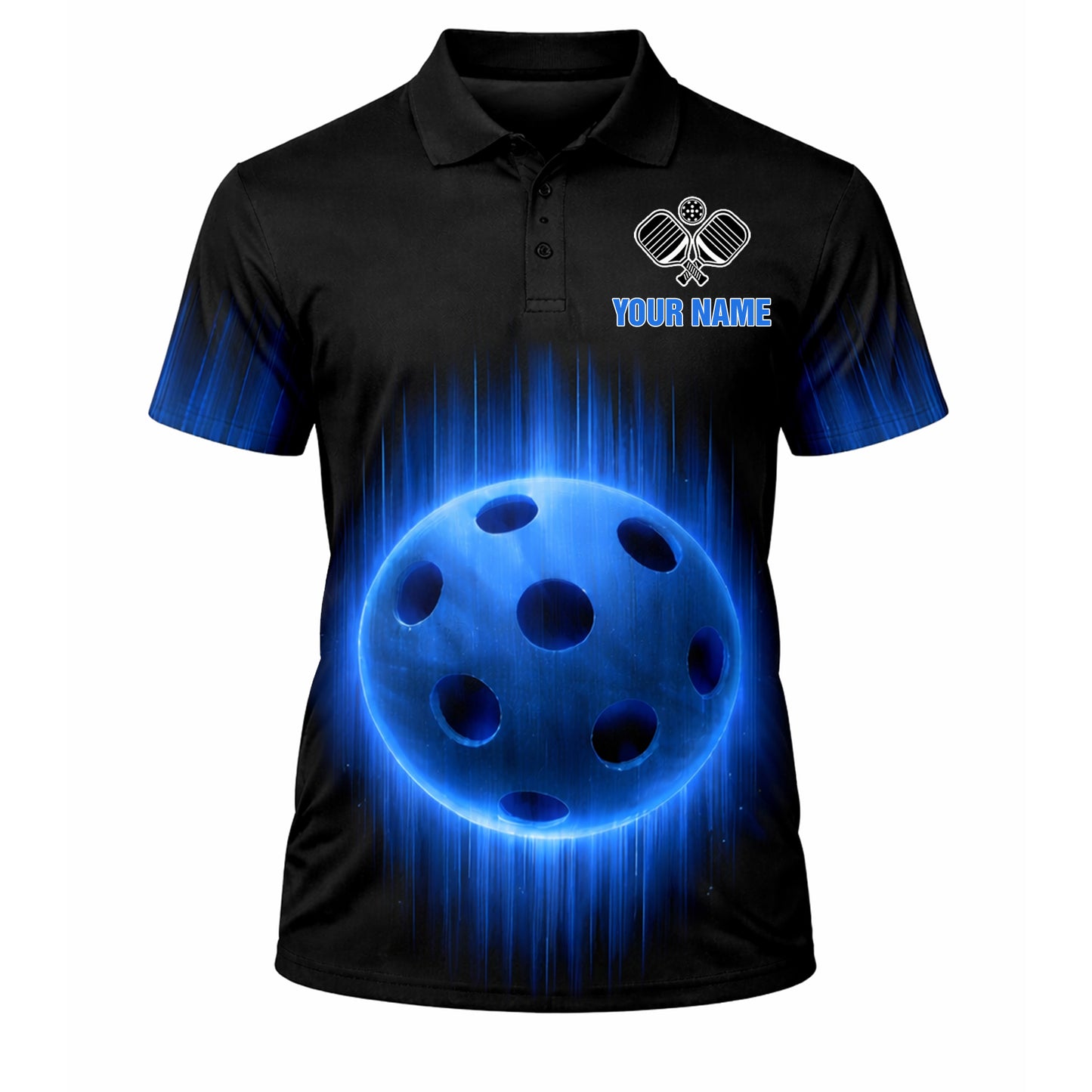 Personalized Pickleball Polo Shirt Men Custom Name Team Glowing Blue Ball Lightning Design Moisture Wicking Polyester Black Blue Short Sleeve Tee