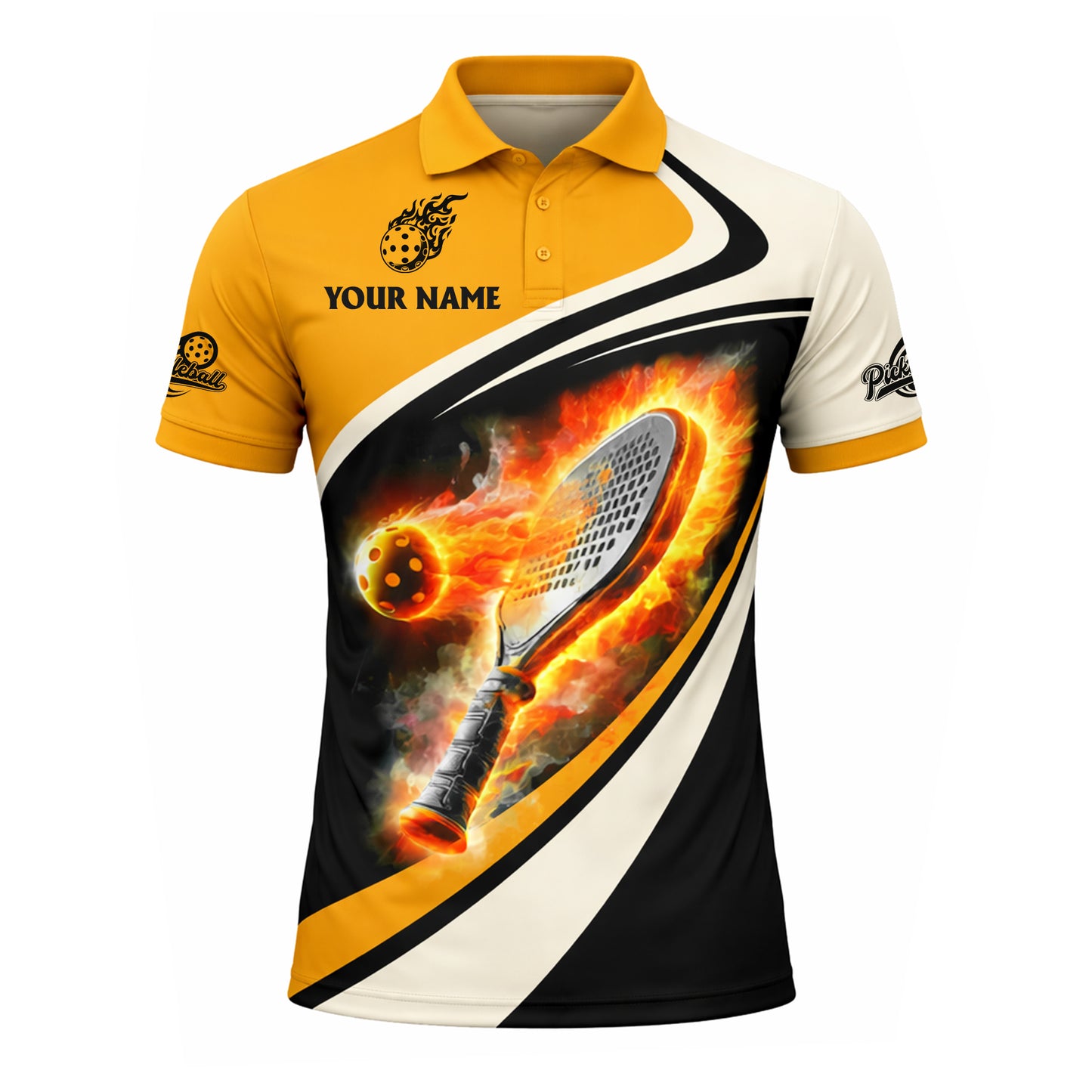 Custom Pickleball Polo Shirt Flaming Paddle Design Personalized Name Performance Sports Shirt Black Gold
