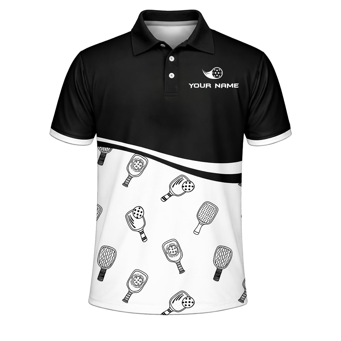 Custom Pickleball Polo Shirt Black White Paddle Pattern Personalized Name Team Shirt
