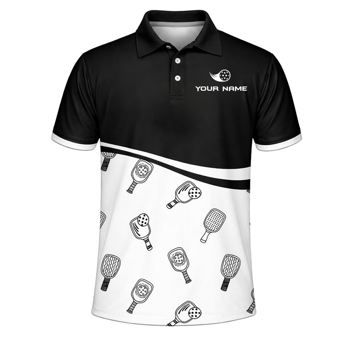 Custom Pickleball Polo Shirt Black White Paddle Pattern Personalized Name Team Shirt