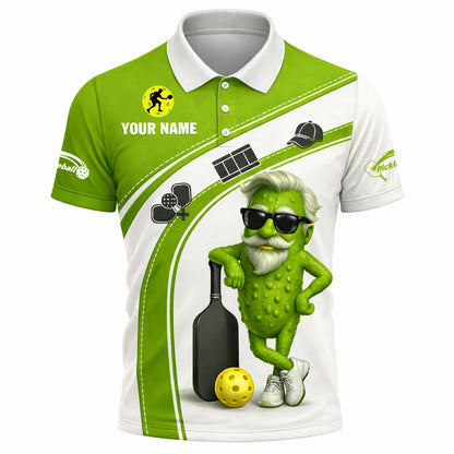 Funny Pickleball Polo Shirt Custom Name Cool Pickle Character Green White