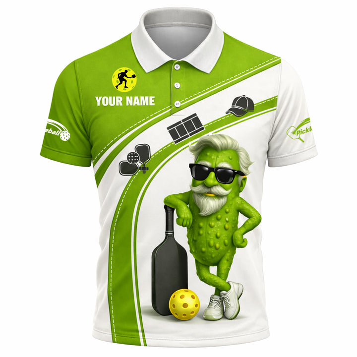Funny Pickleball Polo Shirt Custom Name Cool Pickle Character Green White