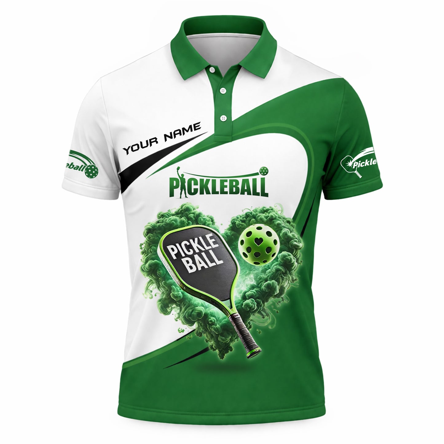 Pickleball Polo Shirt Custom Name Green White Heart Paddle Ball Sports Shirt Gift