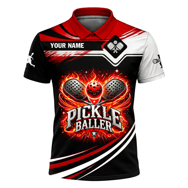 Pickle Baller Fire Polo Shirt Personalized Name Pickleball Performance Shirt Red Black
