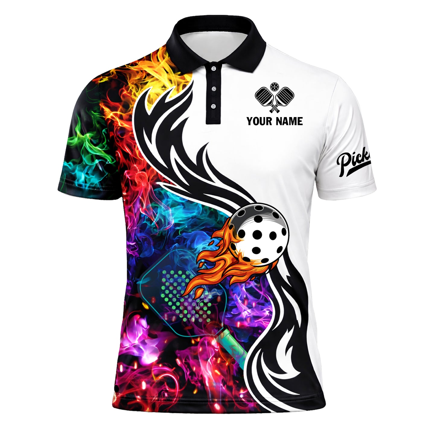 Custom Pickleball Polo Shirt Flame Ball Graphic Personalized Name Team Sports Shirt Breathable Performance