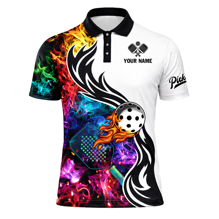 Custom Pickleball Polo Shirt Flame Ball Graphic Personalized Name Team Sports Shirt Breathable Performance