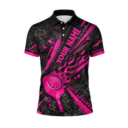 Custom Pickleball Polo Shirt Pink Flame Paddle Design Personalized Name Team Shirt Breathable Performance