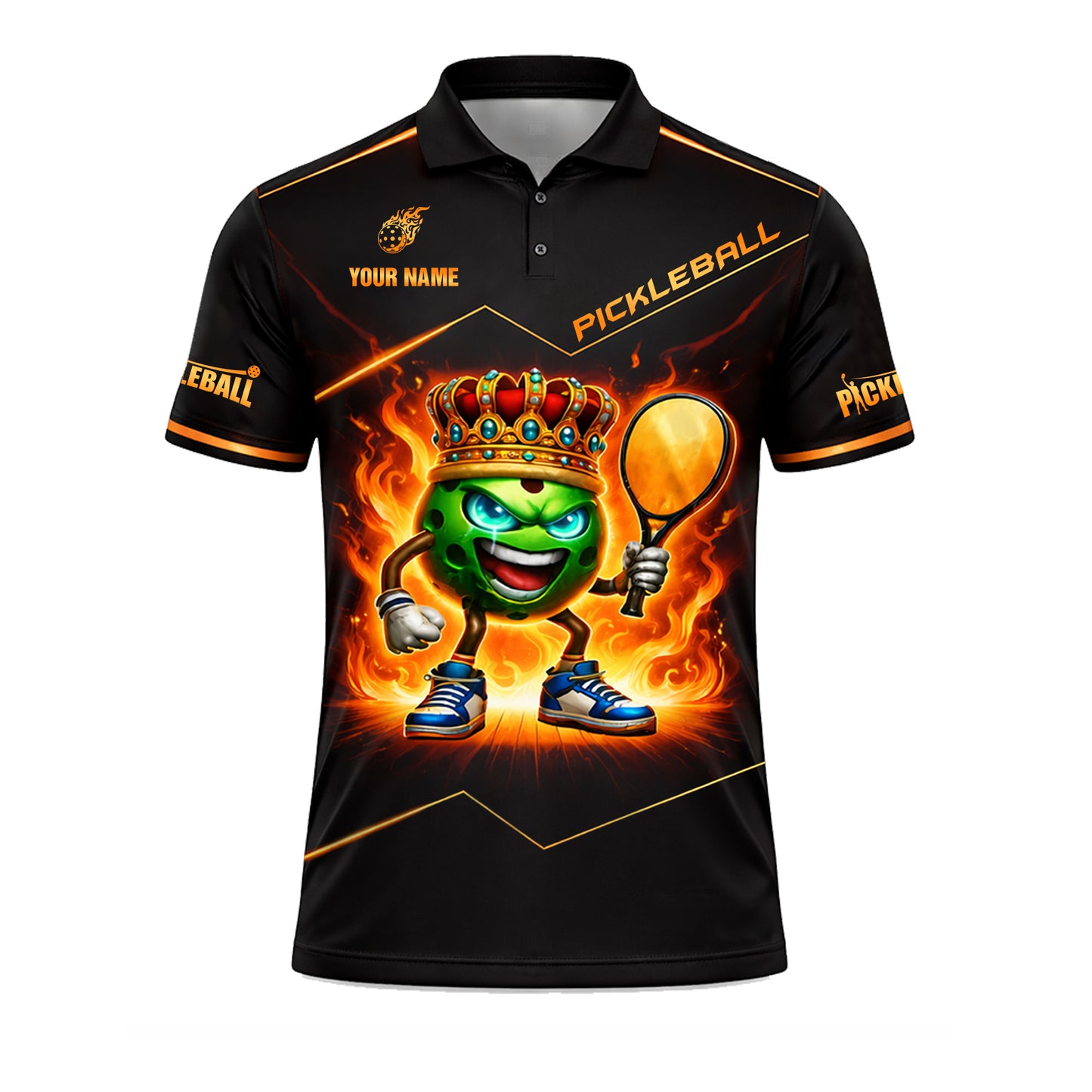 Pickleball Polo Shirt King Ball Fire Graphic Custom Name Breathable Performance Polo