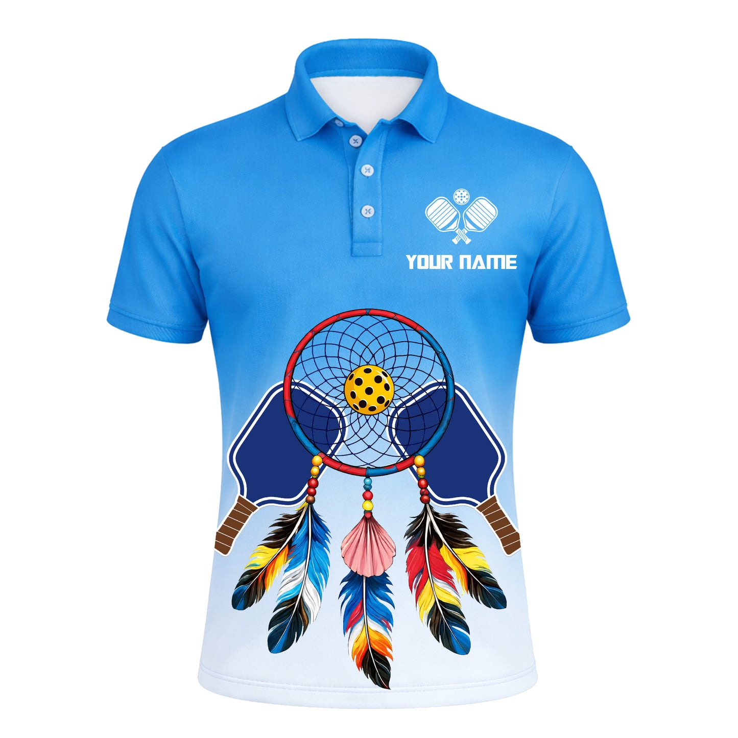 Custom Pickleball Polo Shirt Personalized Name Dreamcatcher Paddle Team Shirt Blue Gradient Performance Polo