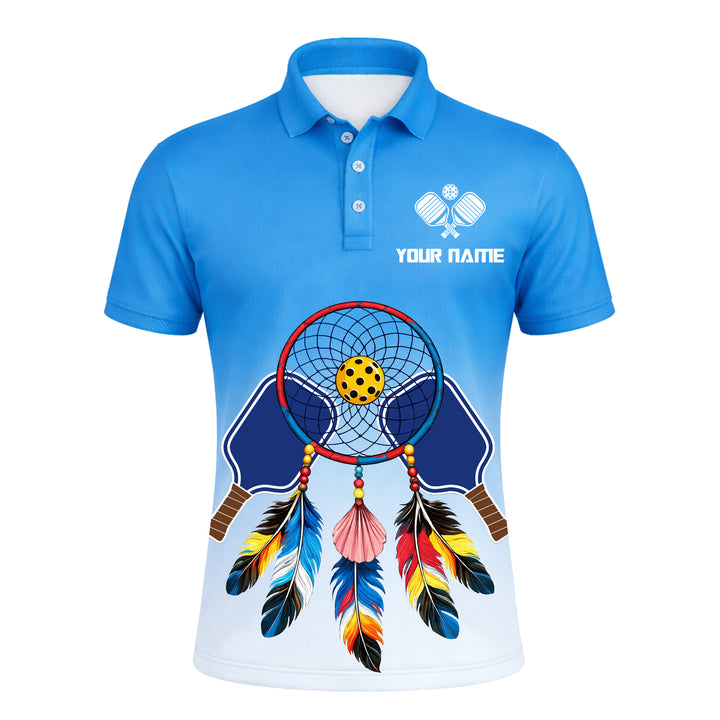 Custom Pickleball Polo Shirt Personalized Name Dreamcatcher Paddle Team Shirt Blue Gradient Performance Polo