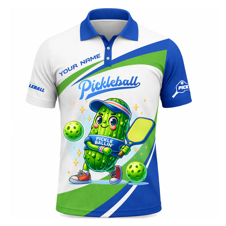 Personalized Pickleball Polo Shirt Funny Pickle Ballin Cactus Graphic Custom Name Sport Performance Tee