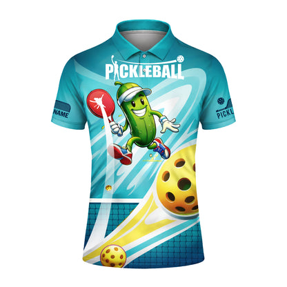 Pickleball Funny Cartoon Pickle Player Polo Shirt Custom Name Sport All Over Print Breathable Unisex Shirt