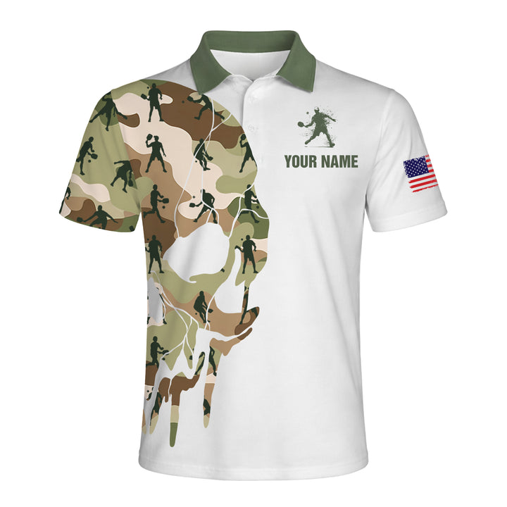 Pickleball Skull Camo Polo Shirt Personalized Name USA Flag Performance Shirt