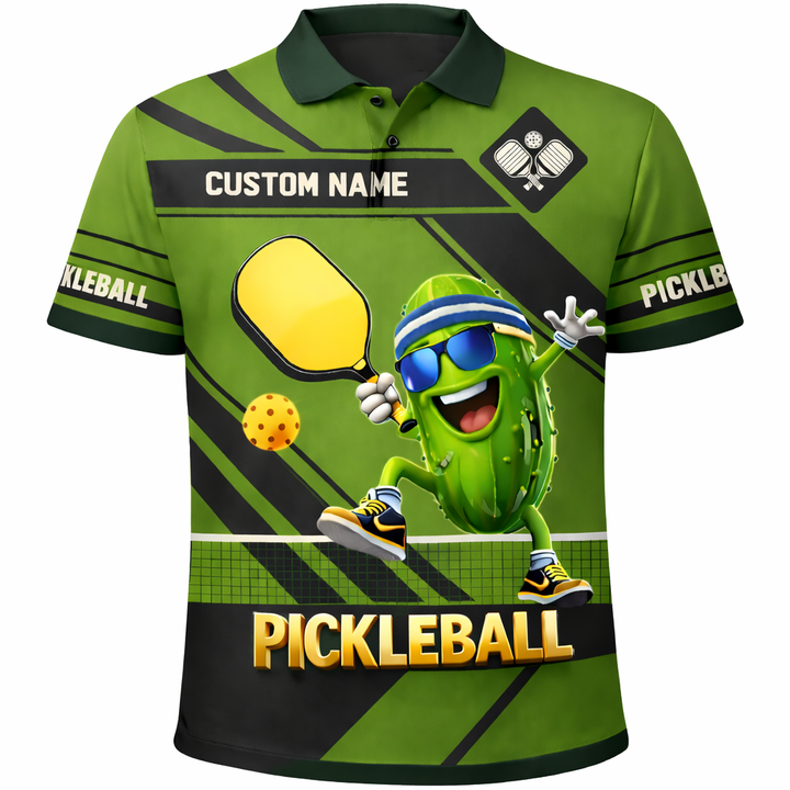 Pickleball Polo Shirt with Personalized Name, Green Short Sleeve Athletic Polo, 100% Polyester Mesh, Full-Width Print Design