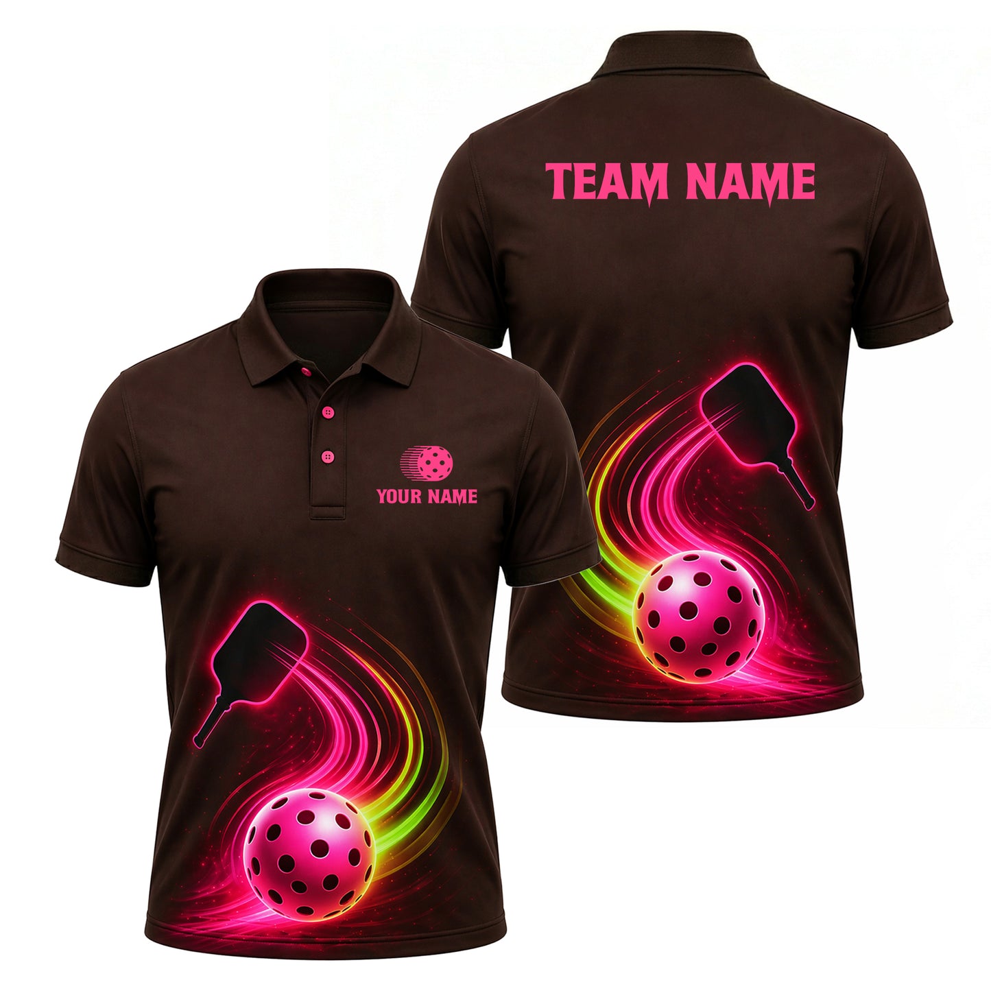 Neon Glow Pickleball Paddle Ball Mens Polo Brown Pink