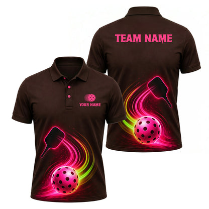 Neon Glow Pickleball Paddle Ball Mens Polo Brown Pink