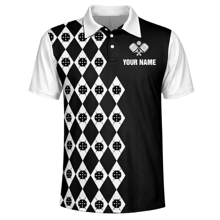 Custom Pickleball Polo Shirt Personalized Name Argyle Black White Performance Team Shirt Unisex
