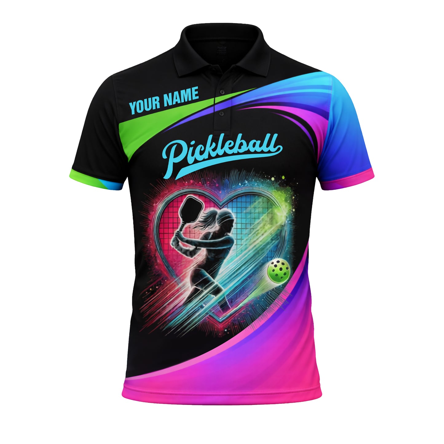 Personalized Pickleball Polo Shirt Neon Heart Player Graphic Custom Name Performance Polo for Women