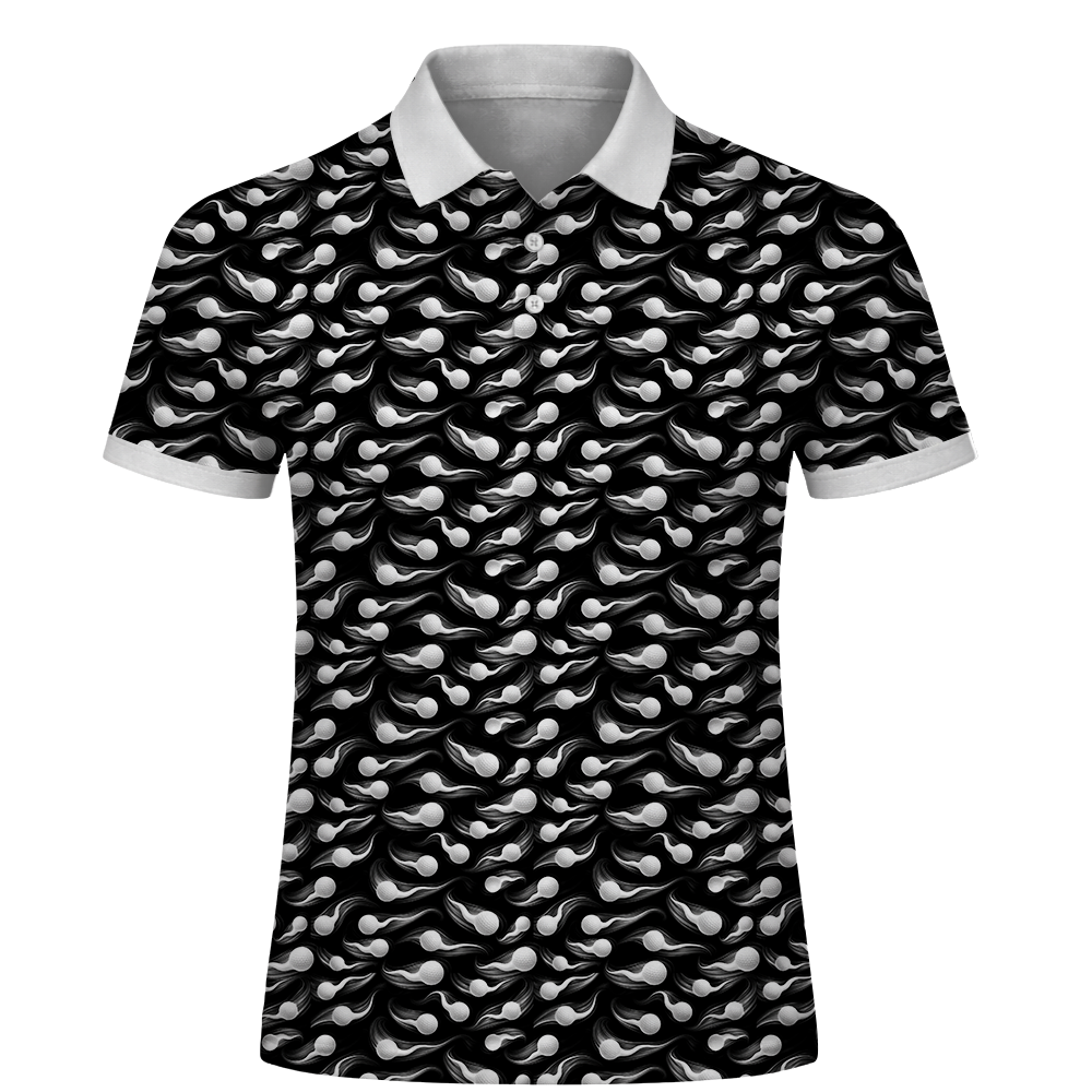 Black & White Golf Polo Shirt – Abstract Ball Pattern All Over Print