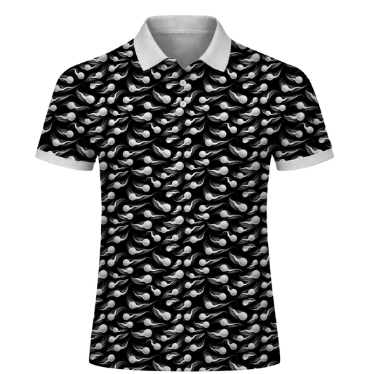 Black & White Golf Polo Shirt – Abstract Ball Pattern All Over Print