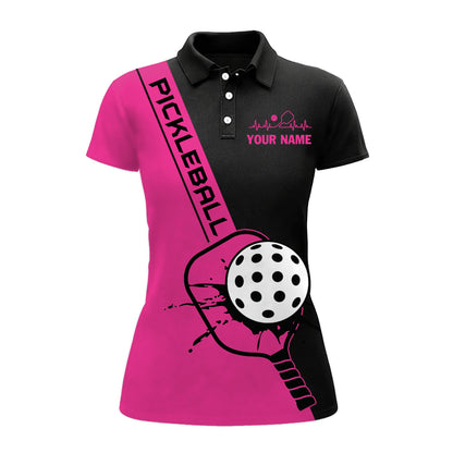 Personalized Pickleball Polo Shirt Women Pink Black Sport Shirt Custom Name Breathable Performance Top