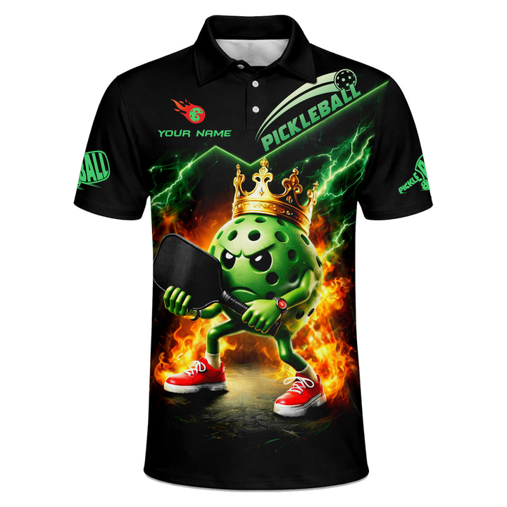 Pickleball Polo Shirt Crown King Pickleball Ball Fire Lightning Custom Name Performance Shirt
