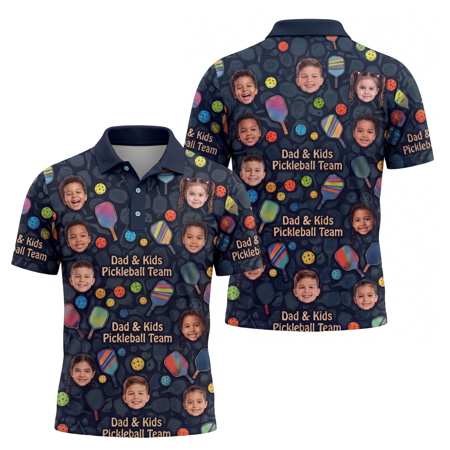 Dad & Kids Pickleball Team Custom Photo Polo Navy