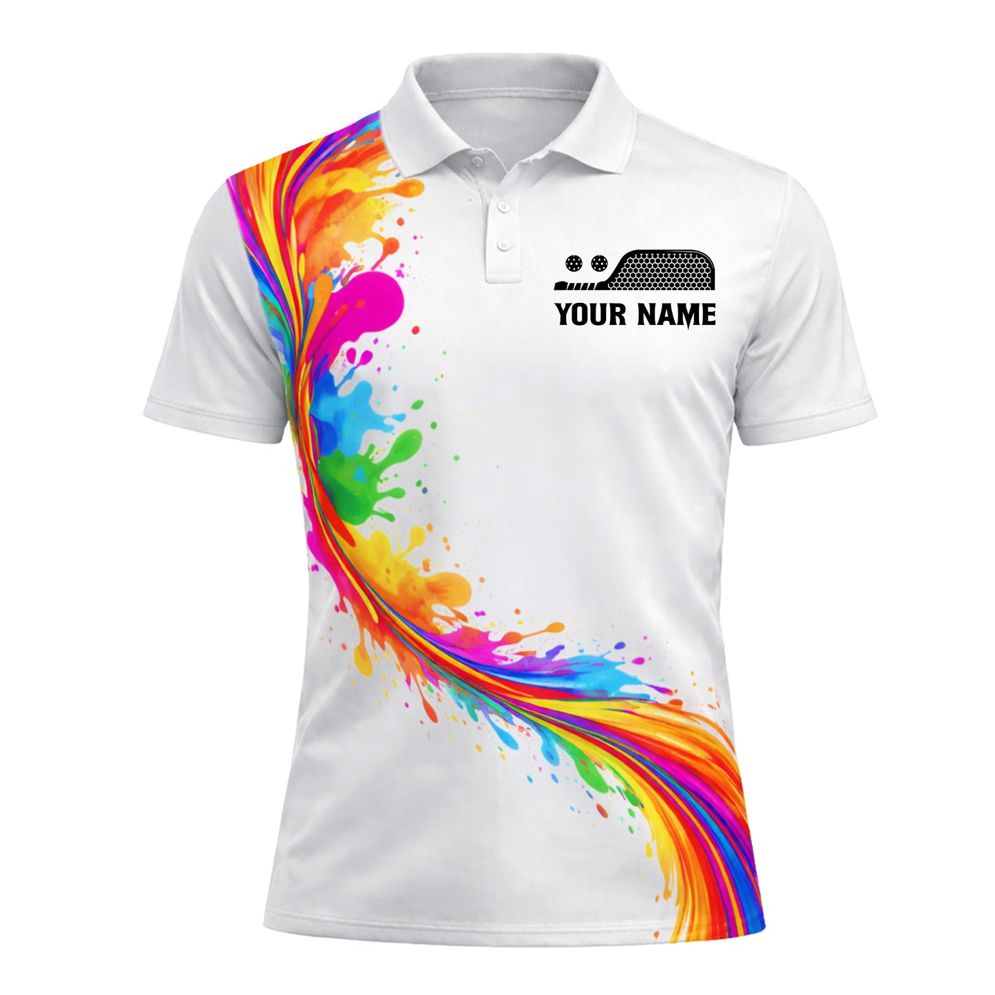 Colorful Splash Pickleball Polo Shirt Men Custom Name Team Paddle Art White Personalized