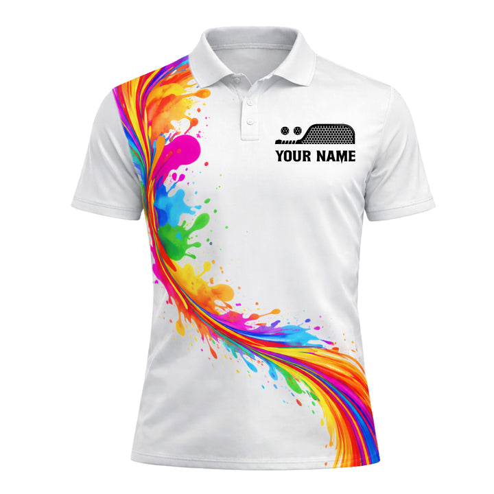Colorful Splash Pickleball Polo Shirt Men Custom Name Team Paddle Art White Personalized