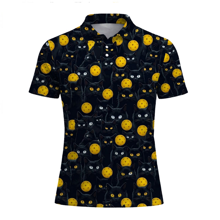 Black Cat Pickleball Polo Shirt Funny Cat Lover Sports Shirt All Over Print Breathable Athletic Tee