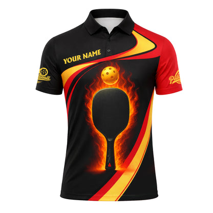 Personalized Pickleball Polo Shirt Flame Paddle Graphic Custom Name Breathable Sport Performance Tee