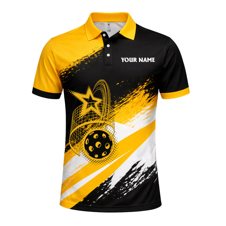 Personalized Pickleball Polo Shirt Custom Name Team Sport Black Yellow Performance Shirt