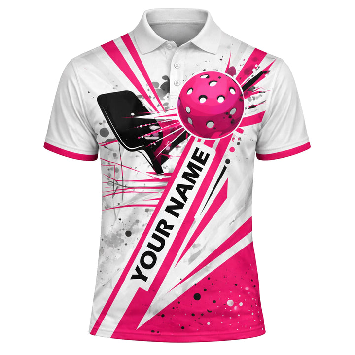 Mens Pickleball Polo Shirt Pink Splash Custom Name Team