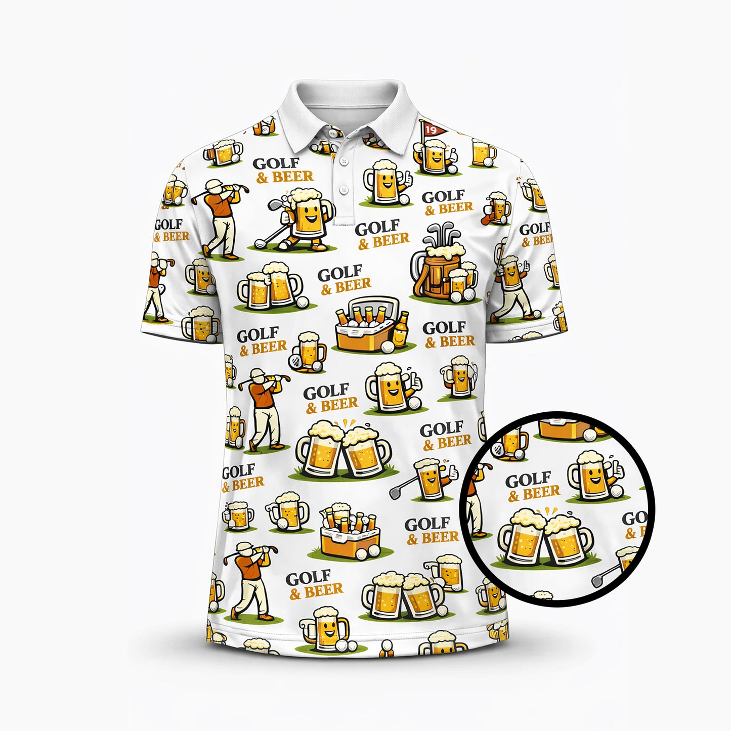 Pickit Golf & Beer Polo Shirt – Funny Golfer Beer Mug All Over Print Casual Golf Shirt for Men & Women