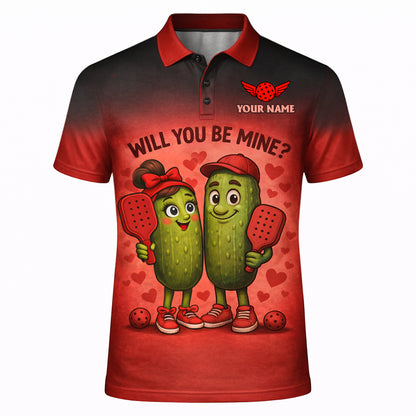 Personalized Valentine Pickleball Polo Shirt Will You Be Mine Cute Pickle Couple Custom Name Team Men's Short Sleeve Red Black Gradient Tee