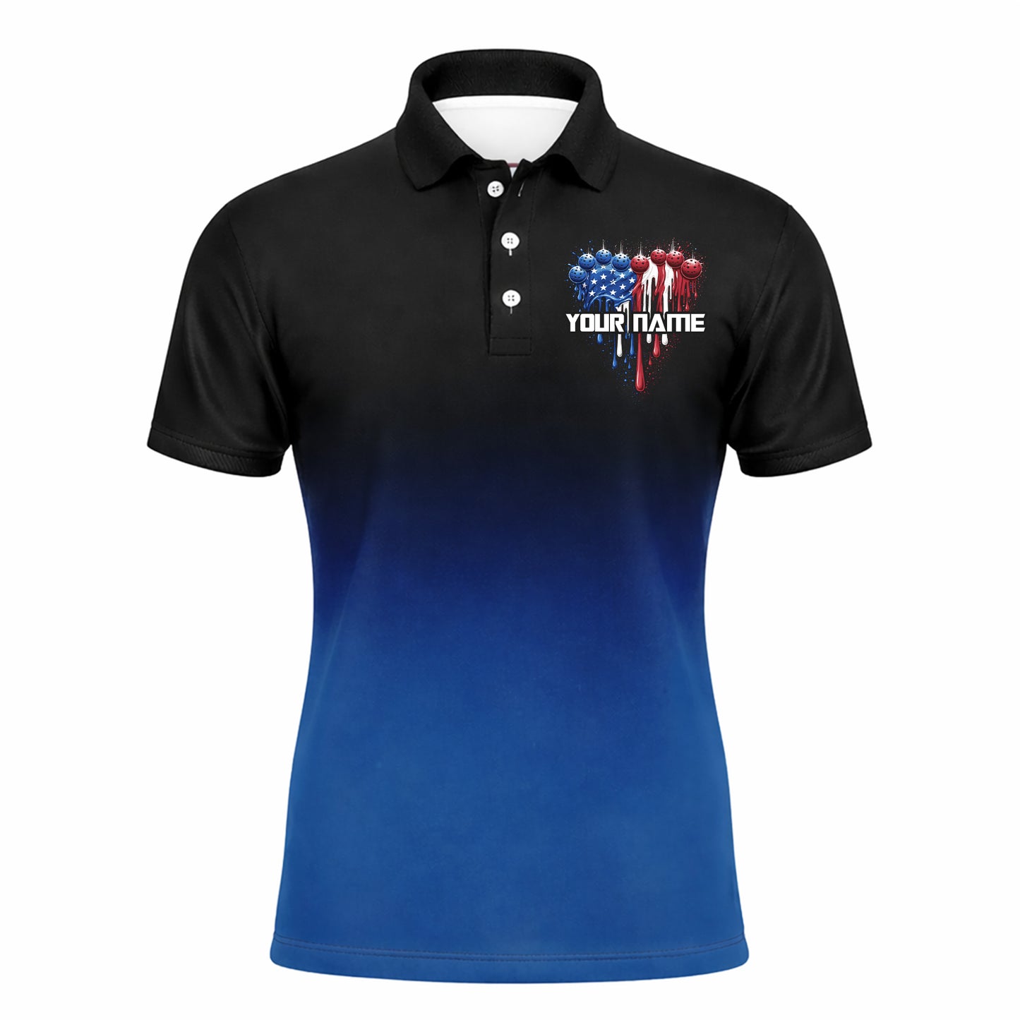 Men's Patriotic Pickleball Polo Shirt Personalized Team Name American Flag Pickleball Balls Custom Short Sleeve Golf Polo Black Blue Gradient