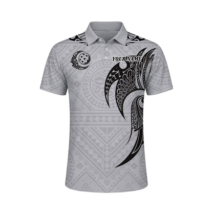 Pickleball Polo Shirt Custom Name Polynesian Tribal Style Performance Shirt Grey