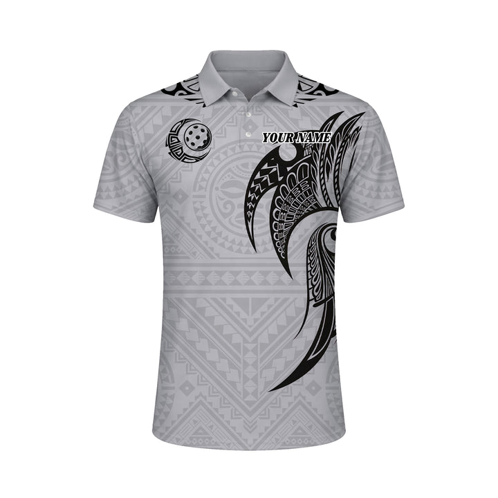 Pickleball Polo Shirt Custom Name Polynesian Tribal Style Performance Shirt Grey
