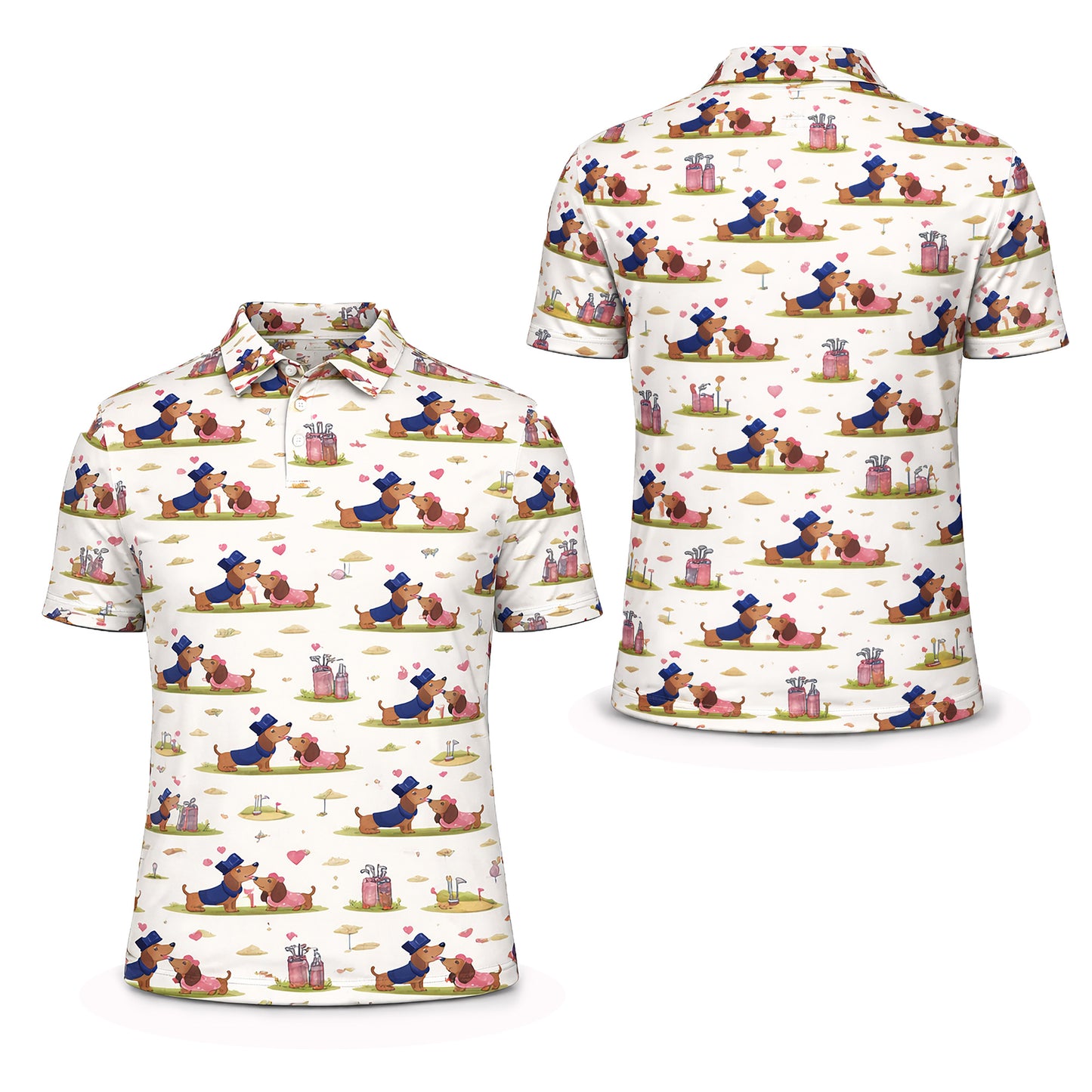 Cute Dachshund Golf Polo Shirt – Romantic Dog Couple All Over Print Funny Golf Shirt for Men & Women