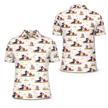 Cute Dachshund Golf Polo Shirt – Romantic Dog Couple All Over Print Funny Golf Shirt for Men & Women