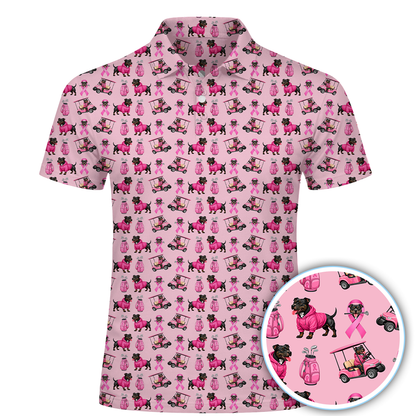 Pink Golf Polo Shirt with Dog Print – Breast Cancer Awareness Ribbon All Over Print Polo